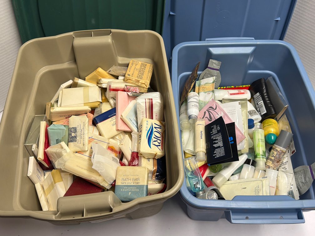 2 Plastic Bins of Travel Soaps & Cosmetics