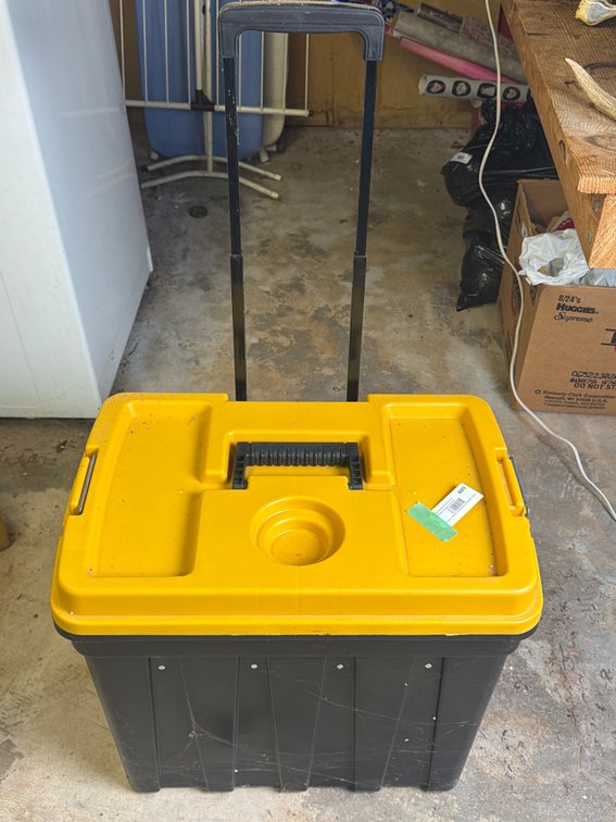 Plastic Toolbox on Wheels & Assorted Contents