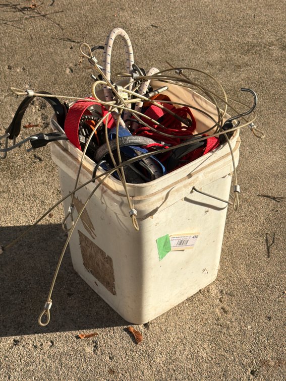 Pail of Assorted Bungee Cords & Straps