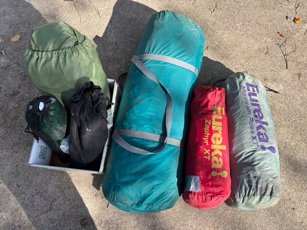 2 Eureka Tents, 1 Tent, stakes and Tarps
