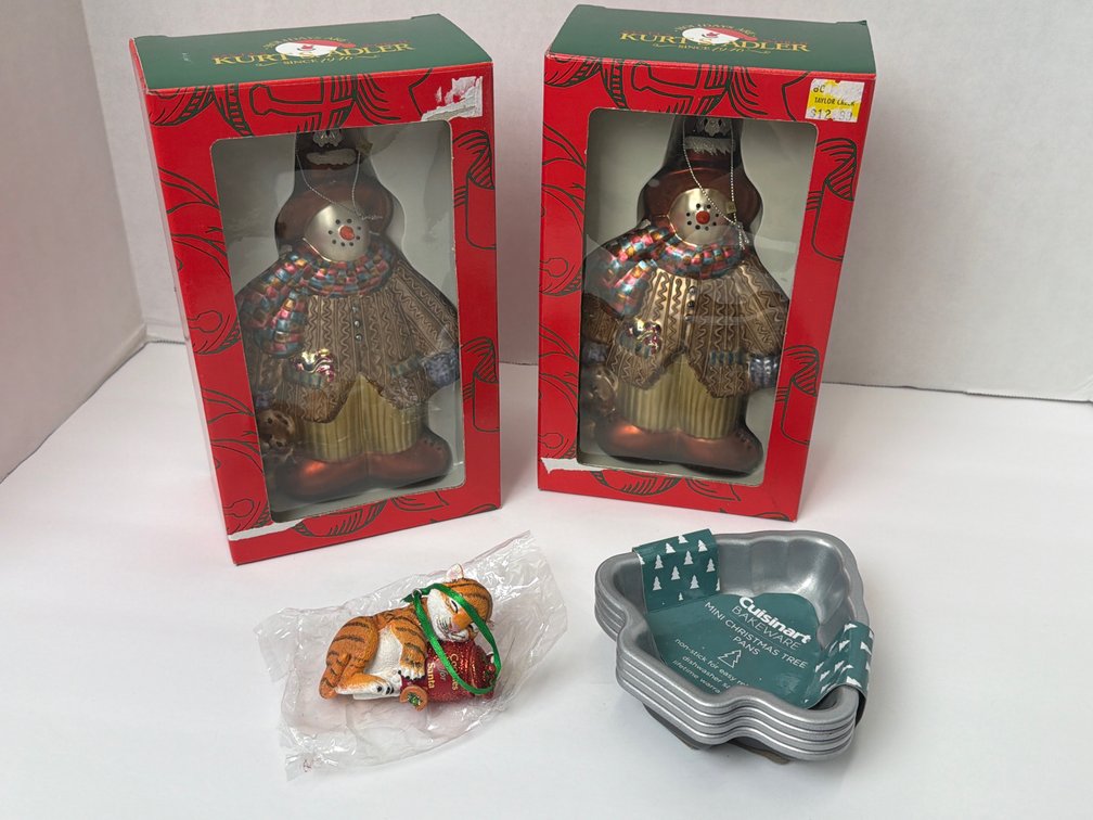 Kurt Adler Snowman Ornaments, Small Baking Pans, & Tiger Ornament
