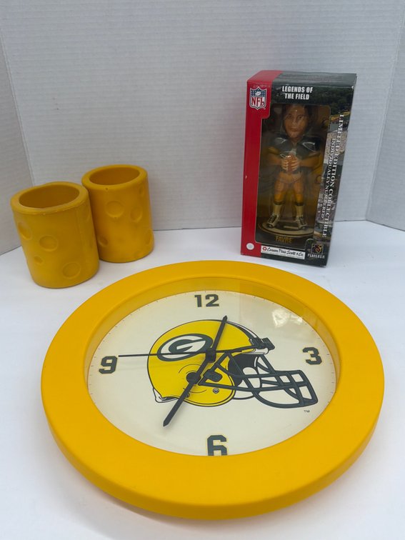 Packers Clock, Bobblehead, & Foam Can Holders