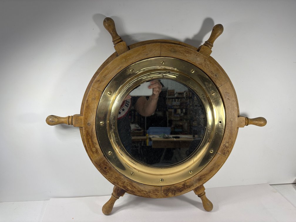 Wood Brass Ships Wheel Mirror