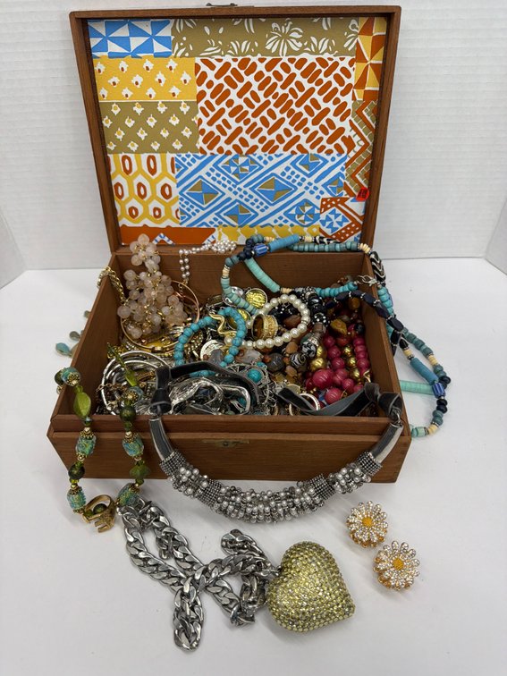 Wood Box Loaded w Costume Jewelry