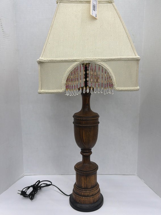 Wood Lamp w Bead Fringe Shade