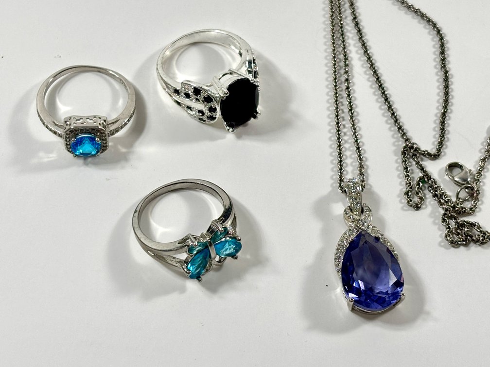 925 Silver Rings and Necklace with Rhinestones