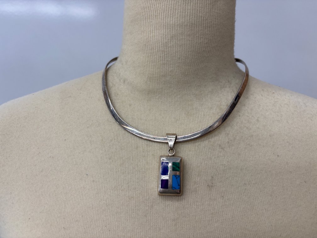 Sterling Silver Necklace with Stone Inlaid Pendant