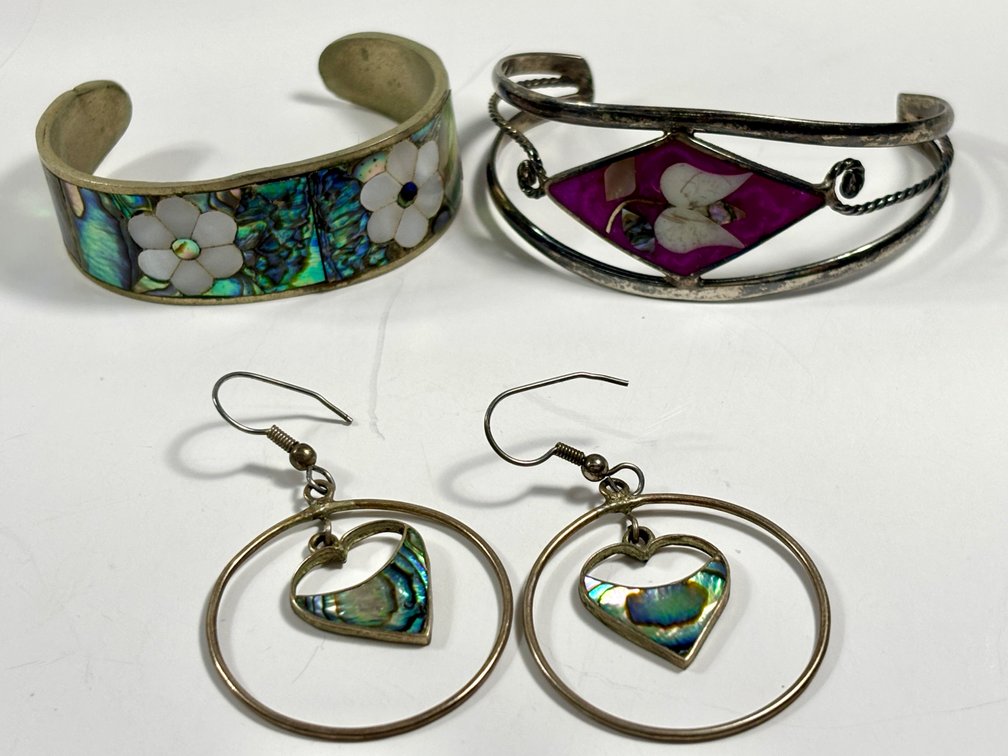 Alpaca Mexico Silver Bracelets and Earrings with Mother of Pearl Inlay