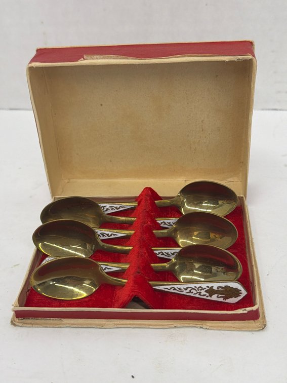 Set of 6 Brass Enameled Spoons