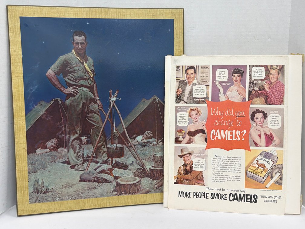 Camel Cigarettes Ad & Rockwell Print on Board