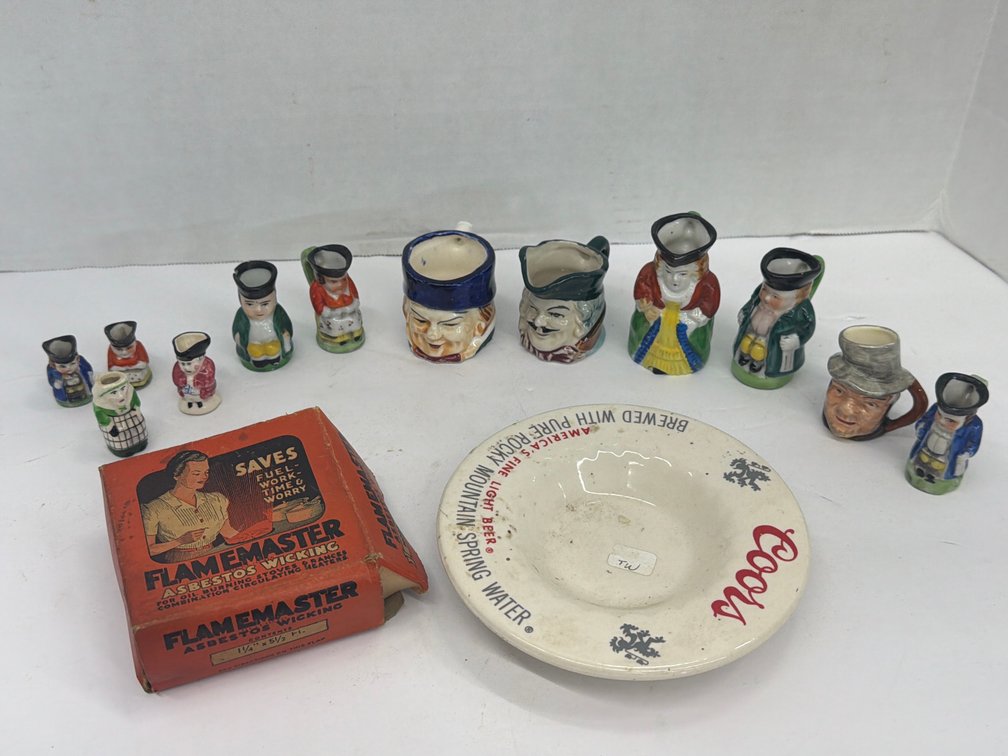 Miniature Toby Mugs, Coors Ashtray, & Flamemaster