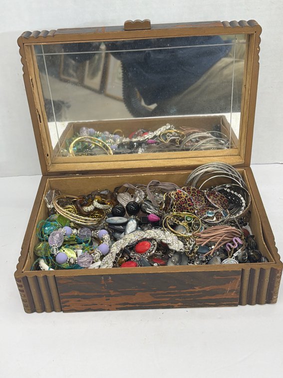Wood Jewelry Box Loaded w Costume Jewelry