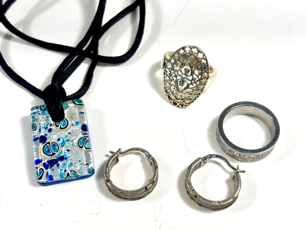 Art Glass Necklace, earrings marked ATI BR CH, and Rings