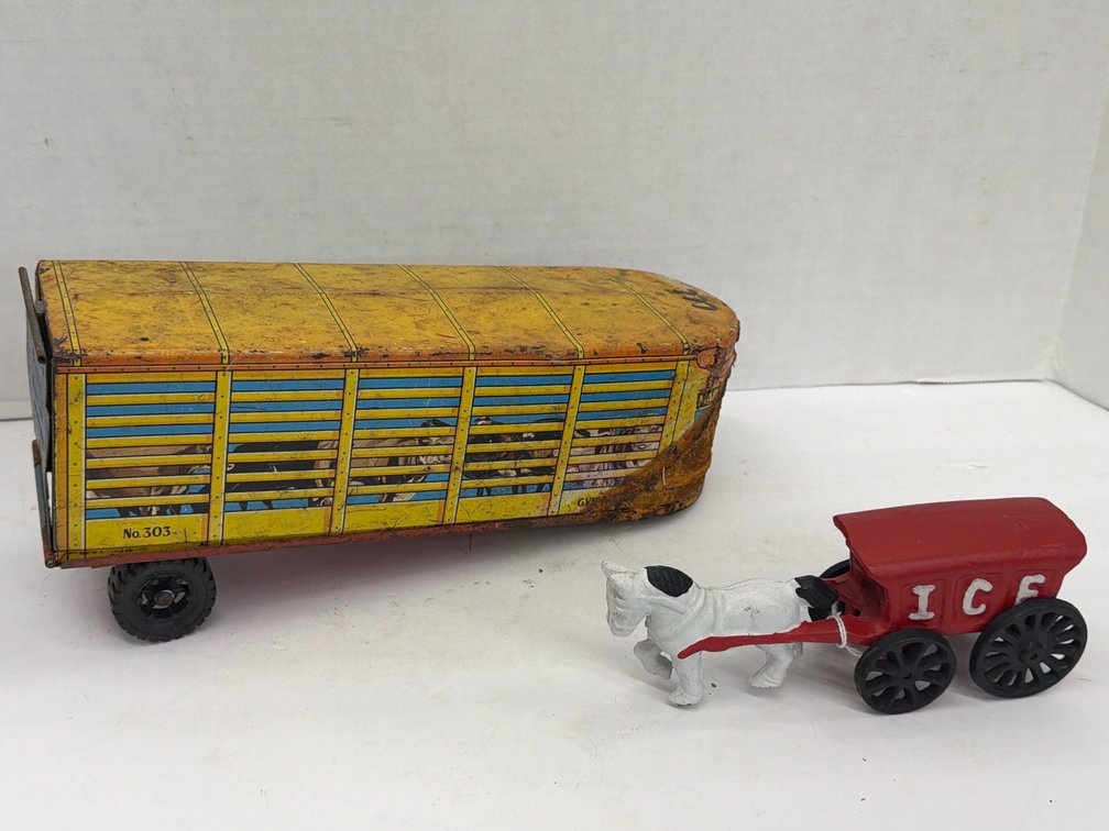 Cast Iron Ice Truck & Metal Toy Trailer