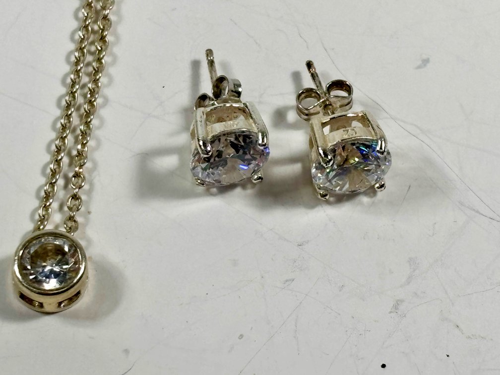 Sterling Silver Cubic Zirconia Earrings and Sterling Silver Necklace with Gemstone