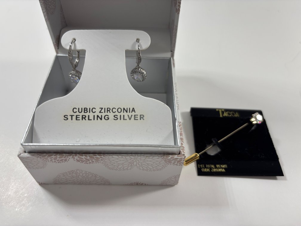 Cubic Zirconia and sterling Earrings and 2ct Cubic Zirconia Stick Pin