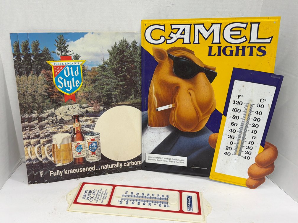 Camel Lights Metal Sign, Old Style Cardboard Promos, & Eron Thermometer