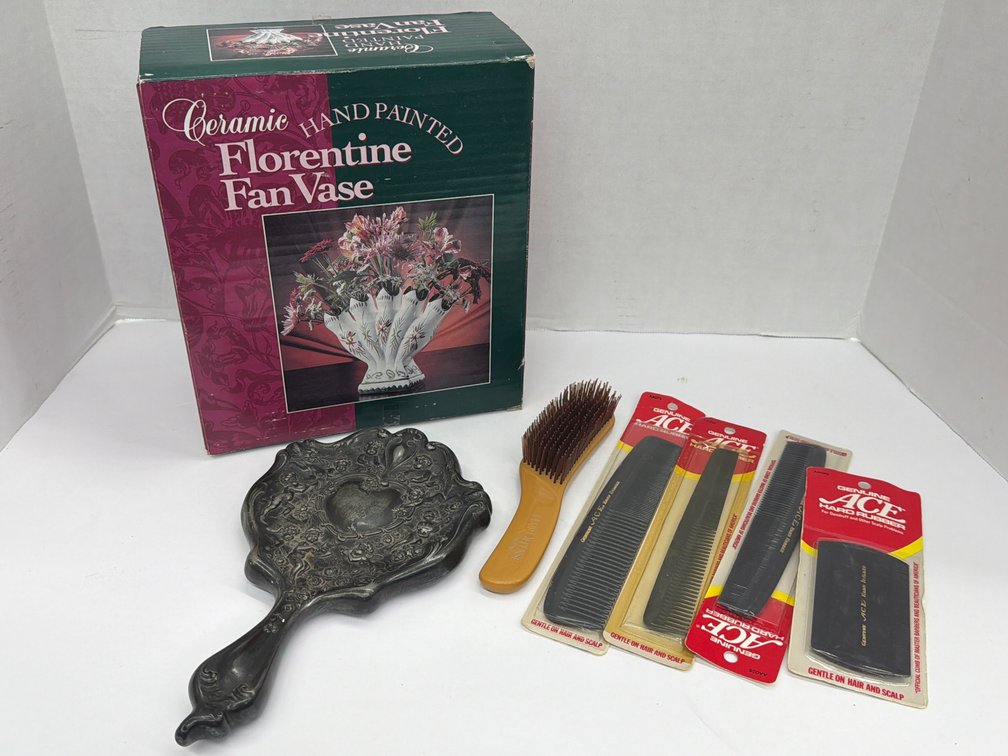 Vanity Mirror, Fan Vase, & Combs