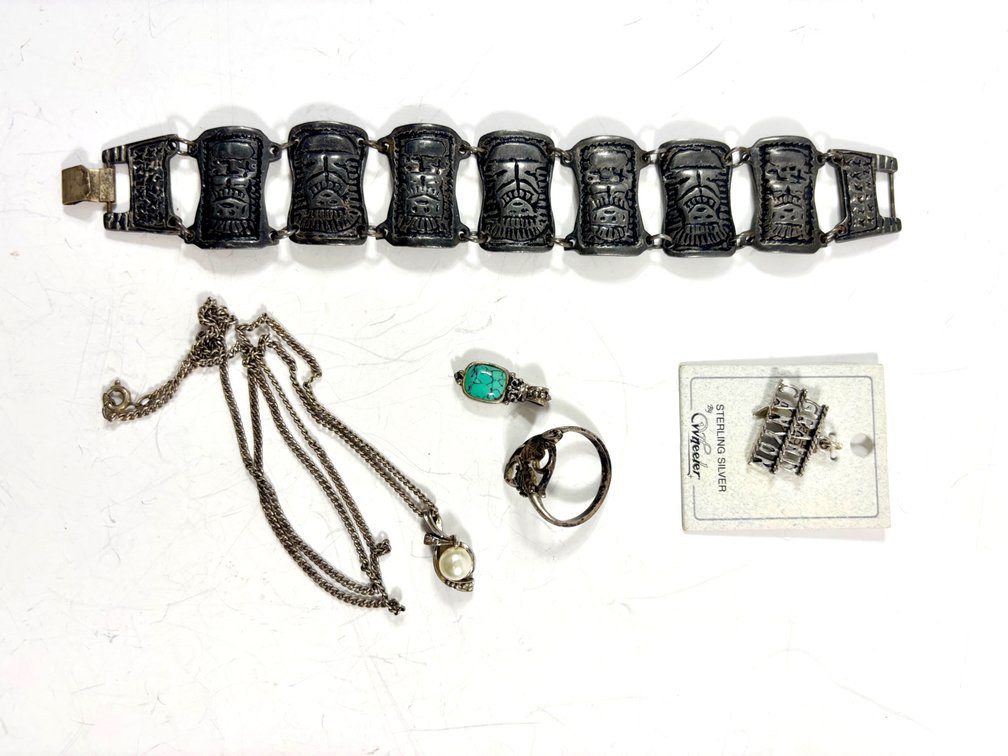 900 Silver Bracelet, Sterling Speidel Necklace, and Sterling Pendant, Ring, and Charm