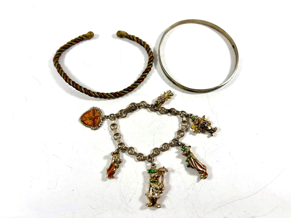 Hanna Barbara Charm Bracelet, Brass Bracelet, and Abalone Inlay Bangle