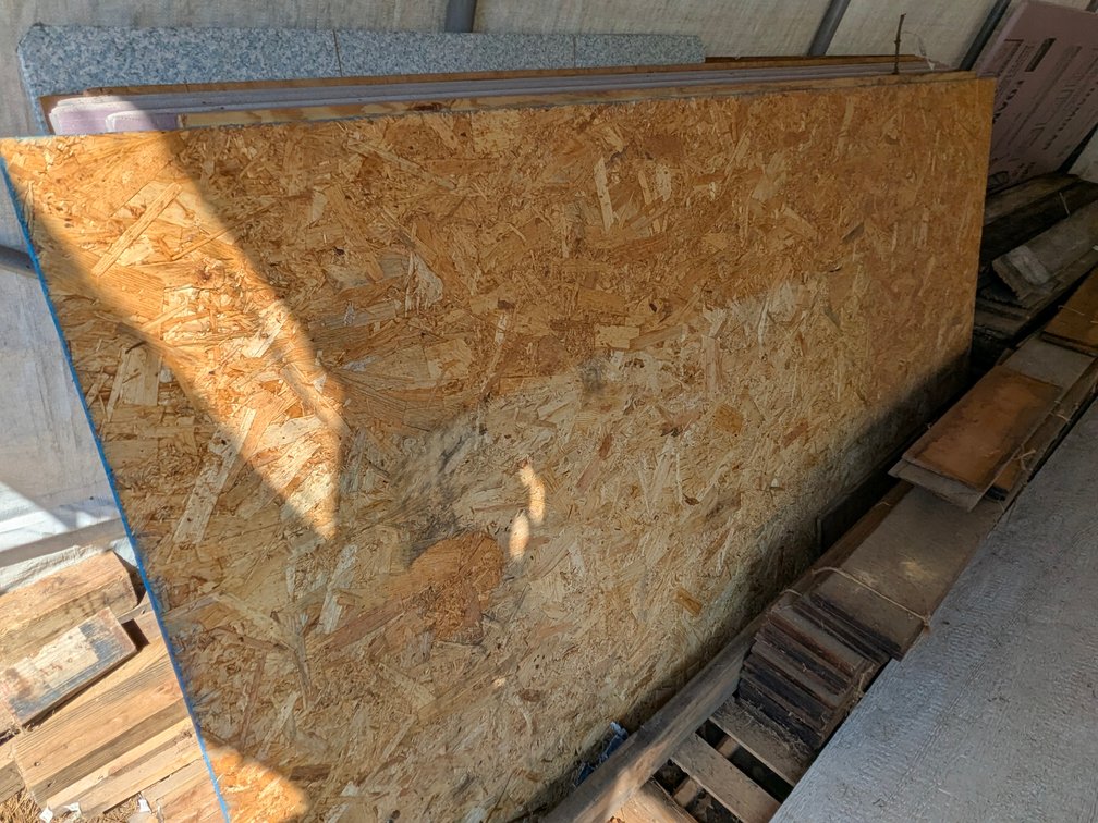 4x8 sheets of 1/2" plywood, 1/4" plywood, 3/4" tongue & groove floor deck, 1" XPS foam, plus a 9' sh