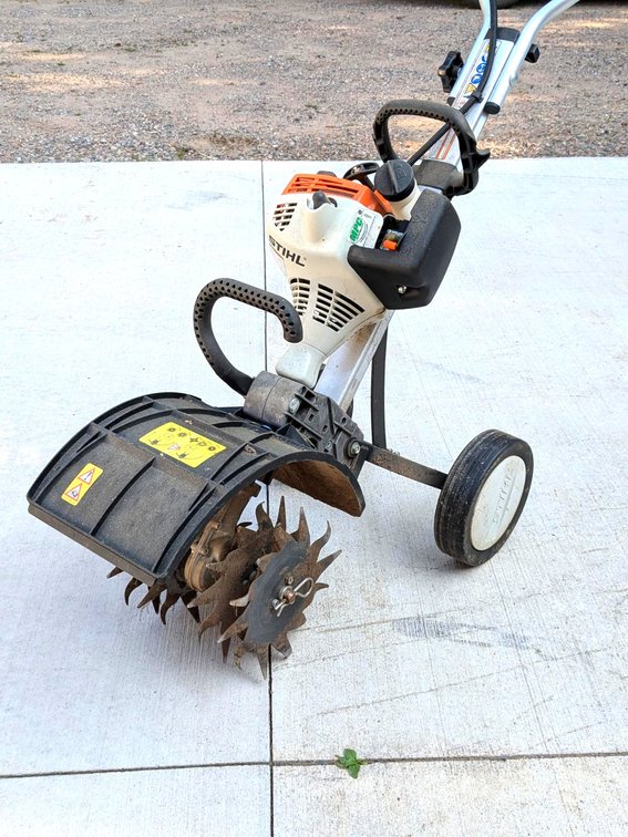 Stihl MM55 front-tine tiller has a 9" cut and is in good condition.