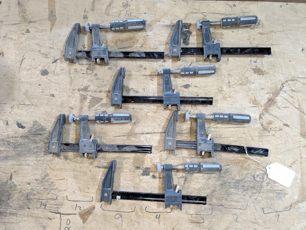 Six bar clamps are each 10" long.