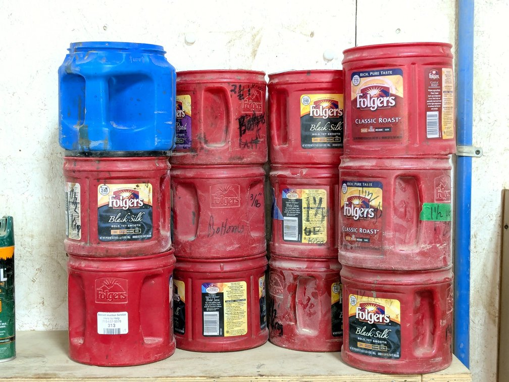 A dozen coffee cans - great for sorting.
