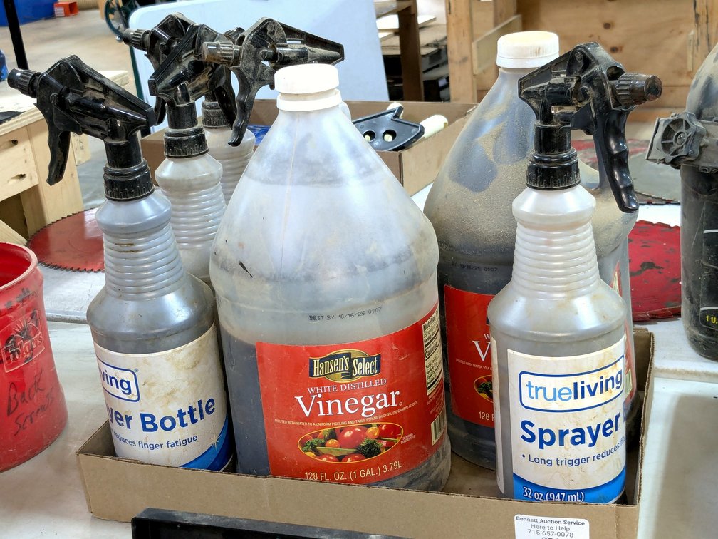 No shipping.  Five spray bottles are each 13" tall; a jug and a half of vinegar.