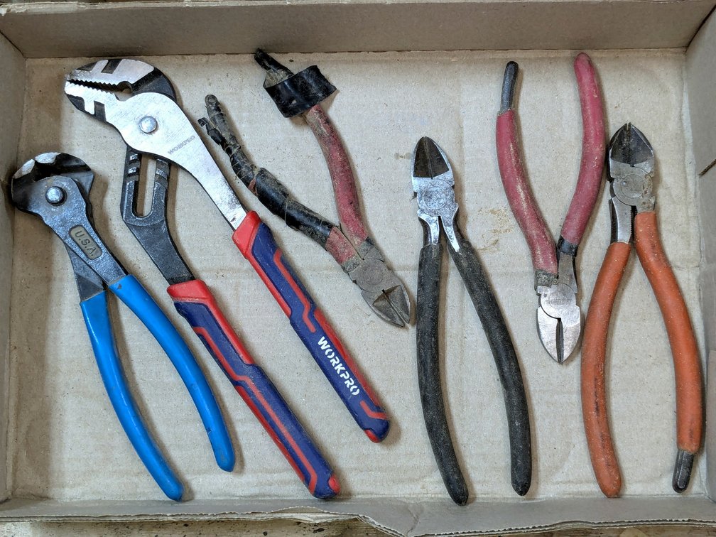 Side cutters, slip joint pliers and more.  Largest piece is 10".