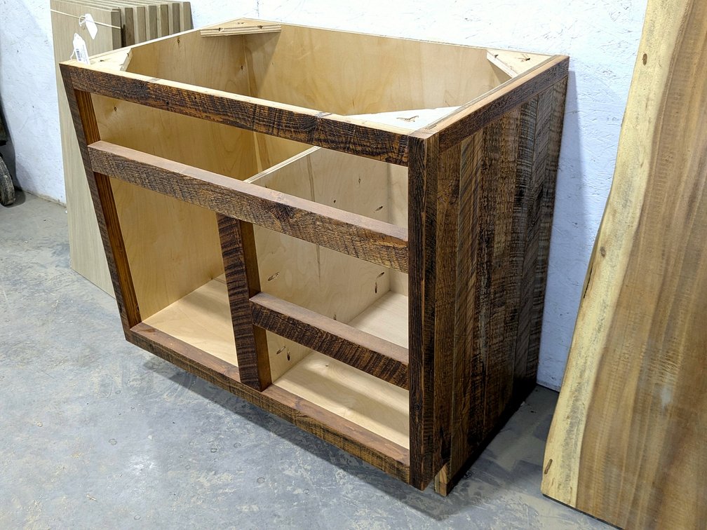 Rustic wood sink or cabinet base measures 3' wide 21" deep x 33" high.