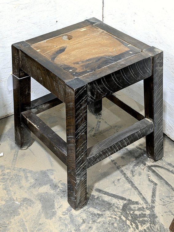 Rustic wood stool or chair base is 18" tall and 17" x 17" over feet.