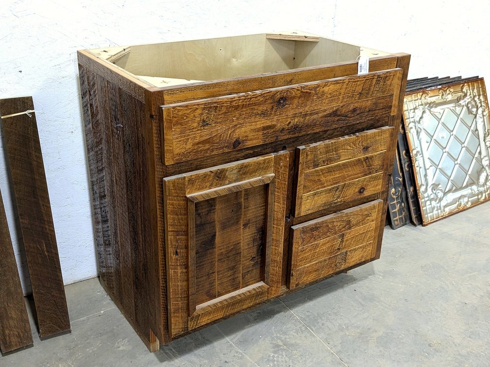 Rustic wooden vanity, sink or cabinet base measures 3' wide x 22" deep x 35" high.