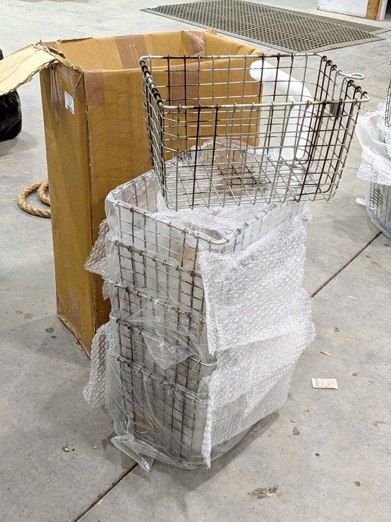 Six wire storage or organizer baskets are each 13" x 9" x 8" tall.