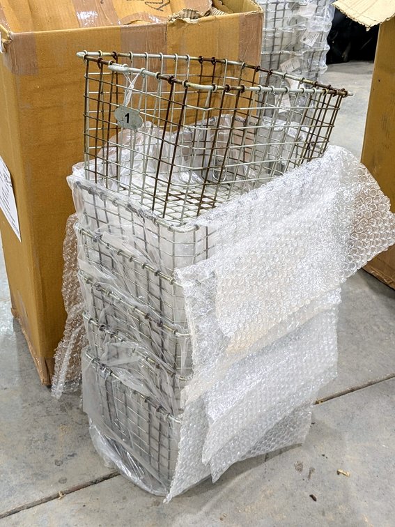 Six wire storage or organizer baskets are each 13" x 9" x 8" tall.