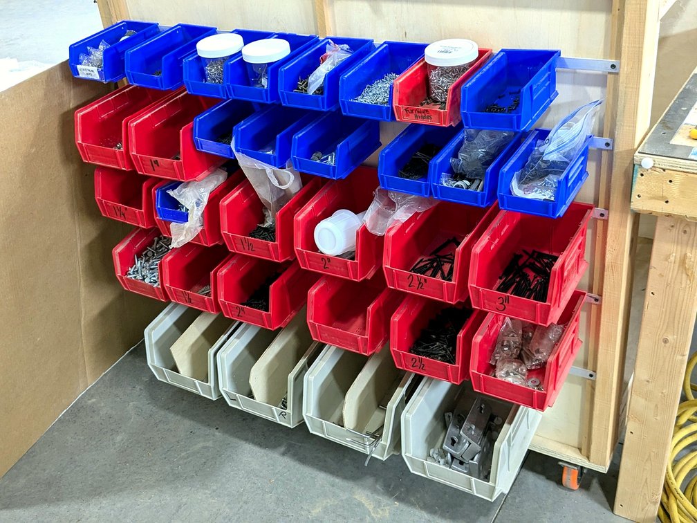 Akro hardware bins up to 8" wide, plus hardware including screws, washers, nuts, more.
