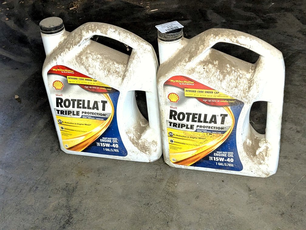 Two full and partial containers of Rotella 15-40 oil.  No shipping.