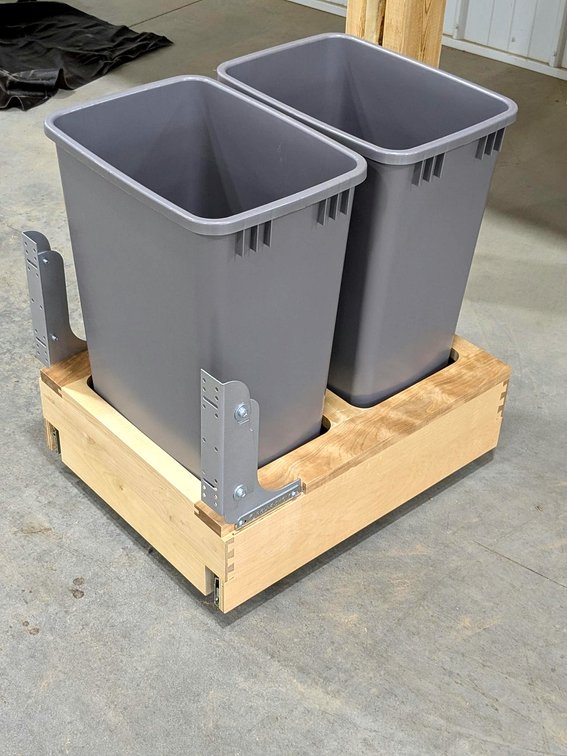 Rev-A-Shelf Model 4WCVM.2150DM.2 garbage bin drawer measures 22" x 17" x 23" and comes with two wast