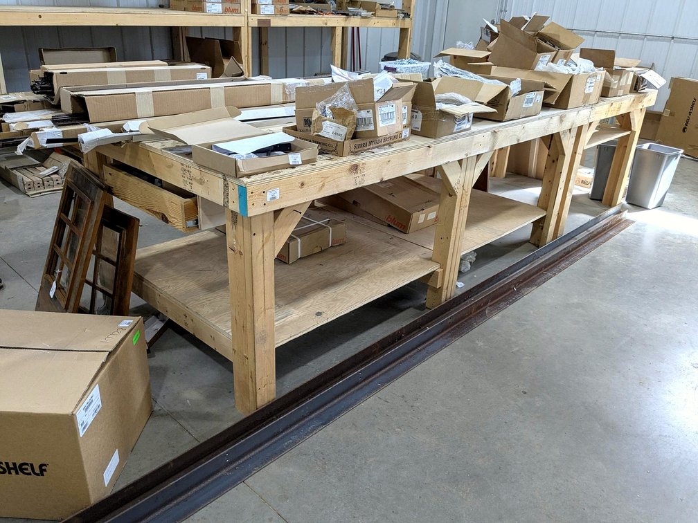 Sturdy work bench measures 12' x 4' and is 35" high.