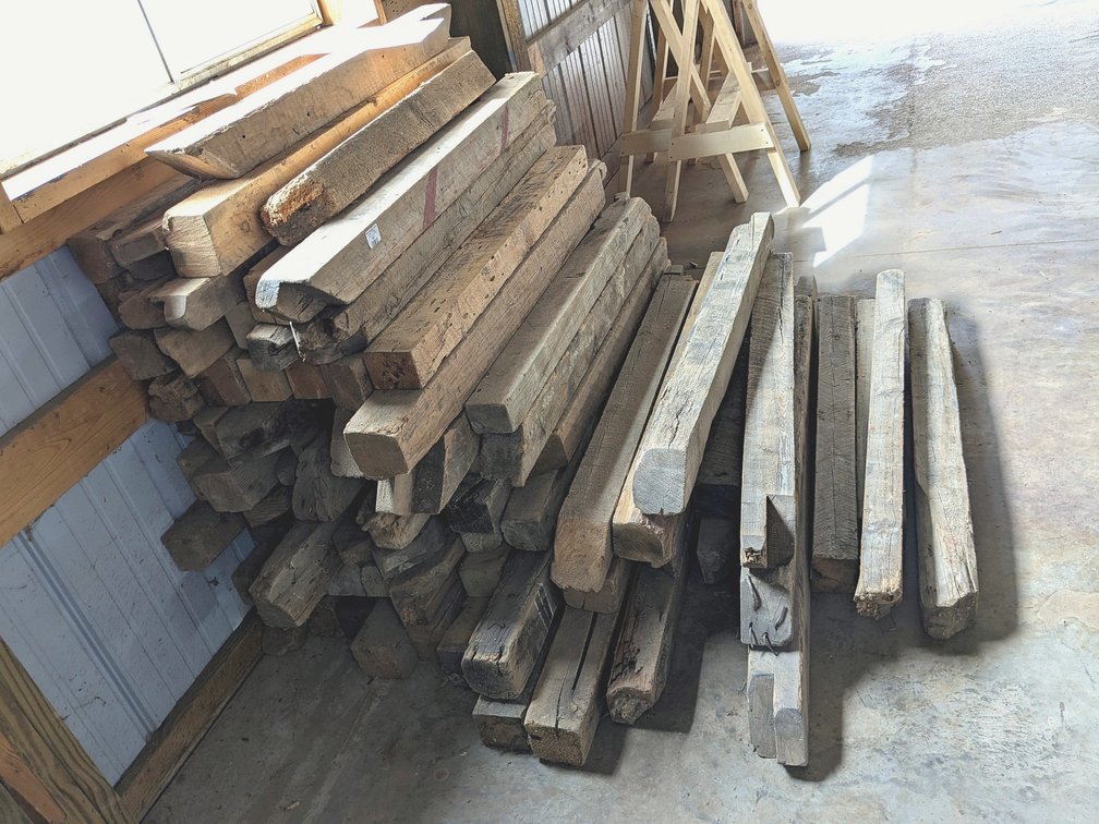 Reclaimed barn beam chunks are about 4x4 and  5' long.
