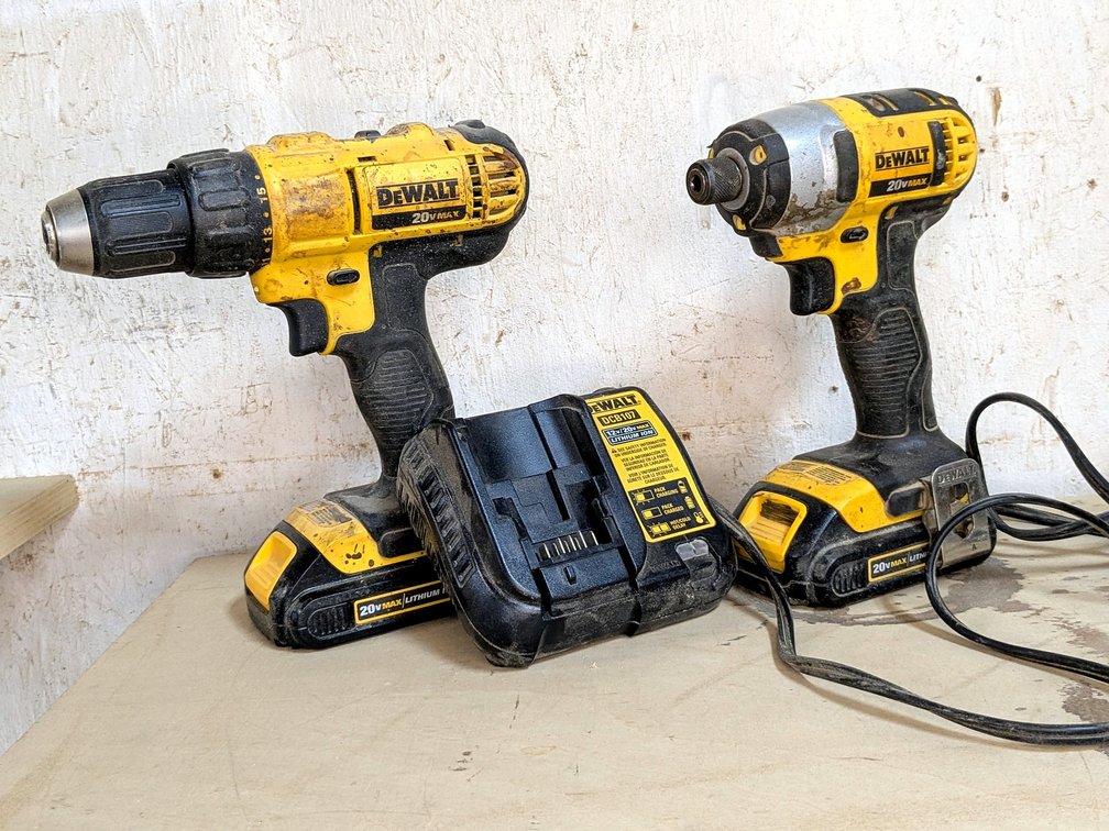 DeWalt DCF885 impact driver and DeWalt DCD771 drill driver with charger.