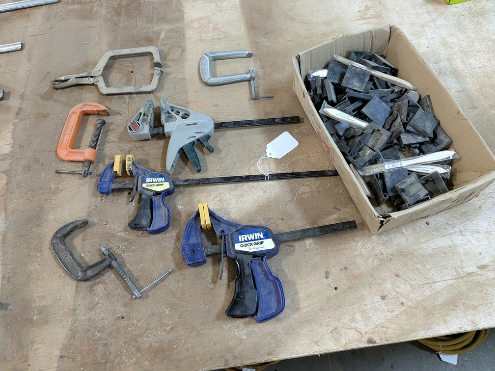 Vice Grip, Irwin, Craftsman, and other clamps as pictured up to about 19" long overall. Plus a box o