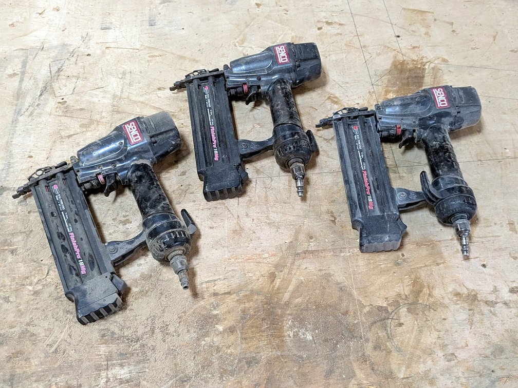 Three Senco Finish Pro 18MG finish nailers are 18 gauge.