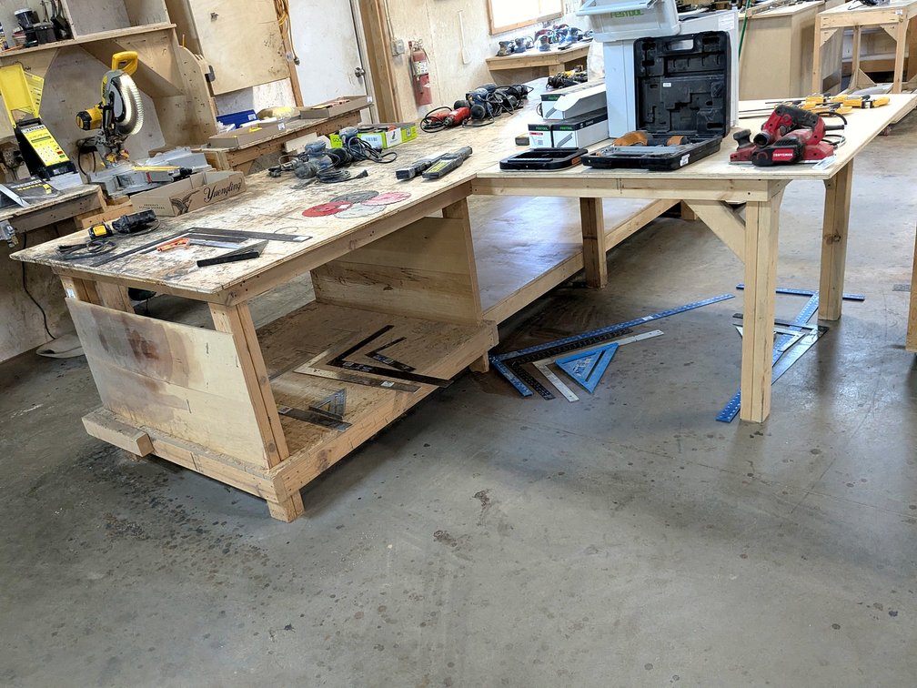 12' workbench with 4' T-extension, main bench is 4' deep x 35" high.