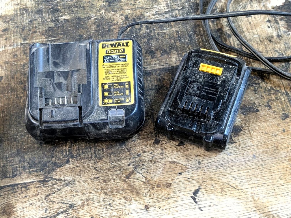 DeWalt 20vMax battery and DeWalt 12v/20vMax battery charger is model DCB107