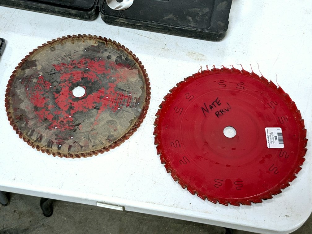 Two Diablo 12" circular saw blades have been freshly sharpened.