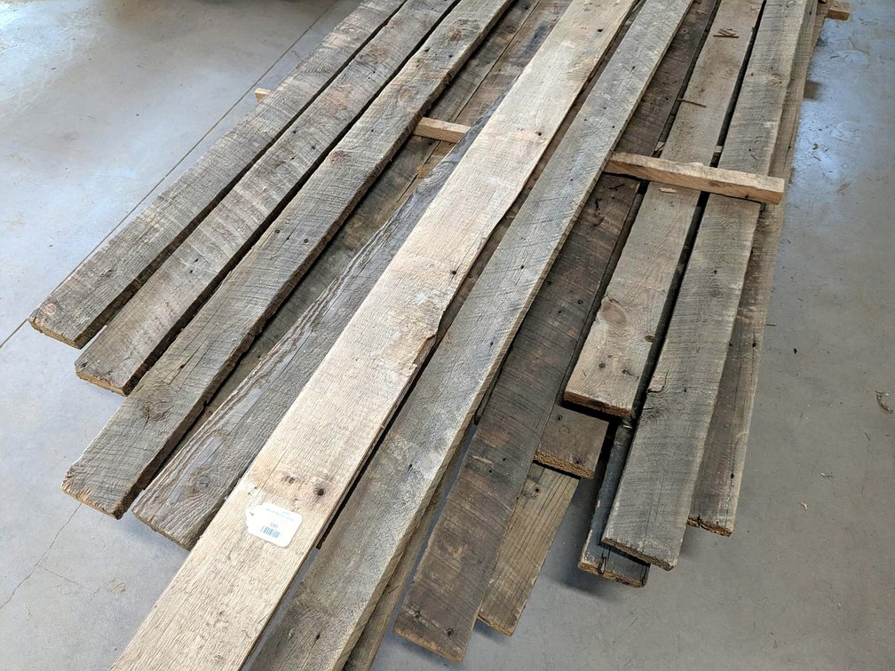 Rustic rough sawn barn board up to 15' long and 5" wide and 1" thick.