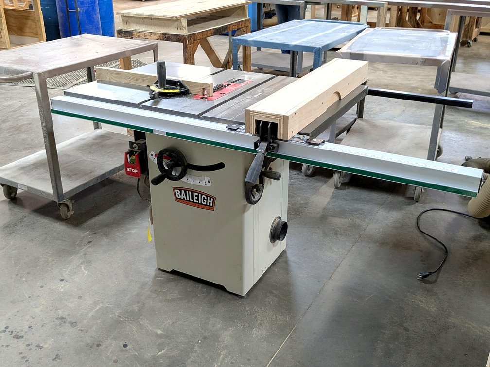 Baileigh 10" table saw is model TS-1044H-1.0 has a 44" table and quick adjust fence.