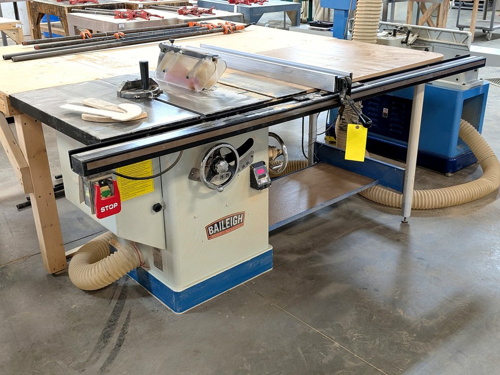 Baileigh industrial 10" cabinet saw is Model TS-1248P-52 and has a 80" x 79" table, miter gauge, and