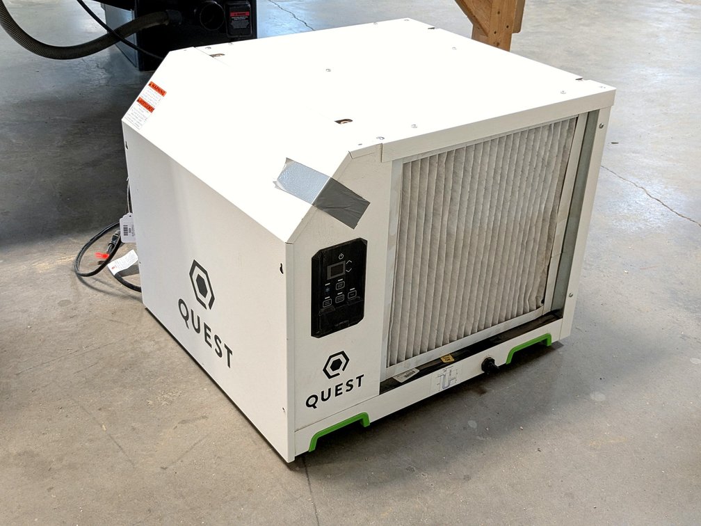 Quest industrial dehumidifier is Model 225 208-230V.  Unit measures approx. 2' wide.